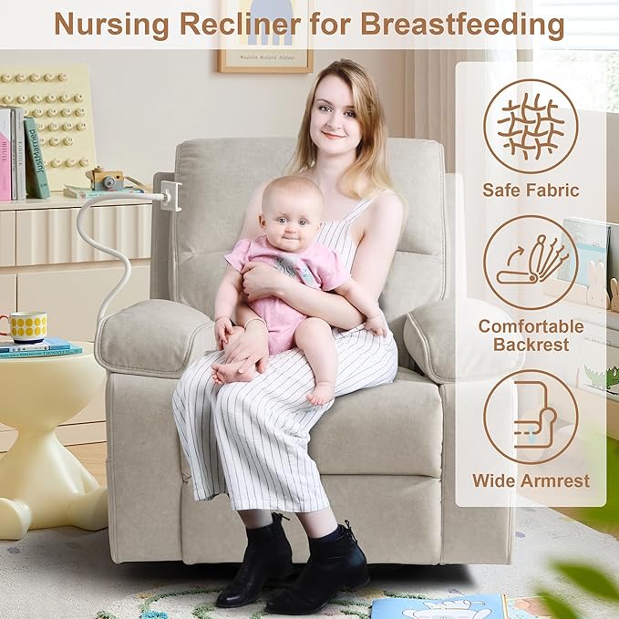 Rocking Chair Nursery Swivel Rocker Recliner with Phone Holder,Nursing Chair for Breastfeeding with Foot Rest,Beige