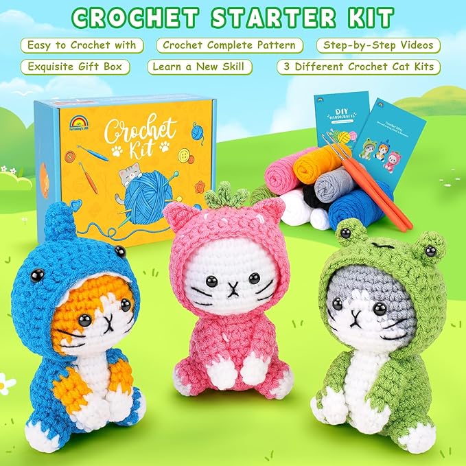 Crochet Kit for Beginners - 3 PCS Crochet Kits with Step-by-Step Video Tutorials, Beginner Crochet Kit for Adults Kid, Crochet Animal Kit for Starters, Cat Dressed as Shark Frog Strawberry