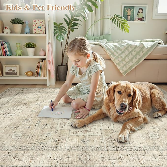 LIVEBOX Washable Area Rug 5x7 Rugs for Living Room Bedroom, Non-Slip Boho Neutral Carpet for Dining Room Office, Low-Pile Farmhouse Soft Carpets for Kids Nursery Room Playroom, Tan