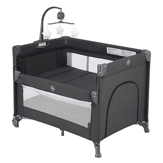 2-in-1 Pack and Play with Mattress,Baby Bassinet Bedside Sleeper, Bedside Bassinet & Baby Playpen, Easy Folding Portable Crib for Newborn to Toddlers (Dark Grey)