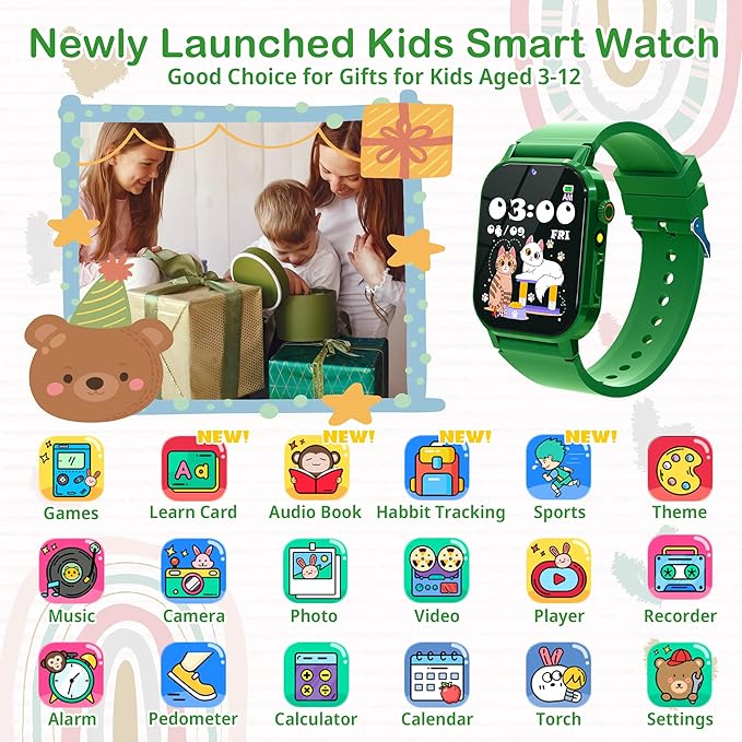 Kids Smart Watch with 32 Games Toys for Ages 5-12 Watch for Kids with HD Touch Screen Video Camera Music Player Pedometer Learn Cards Audiobook, 10 9 8 7 6 5 Year Old Girls Boys Birthday Gifts