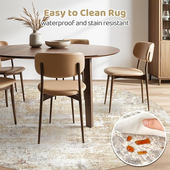 Round Rug Living Room Rugs: 8Ft Washable Circle Large Abstract Modern Soft Stain Resistant Non Slip Indoor Floor Carpet for Bedroom Nursery Office Dining Room Dorm Home House Decor- Gray Gold