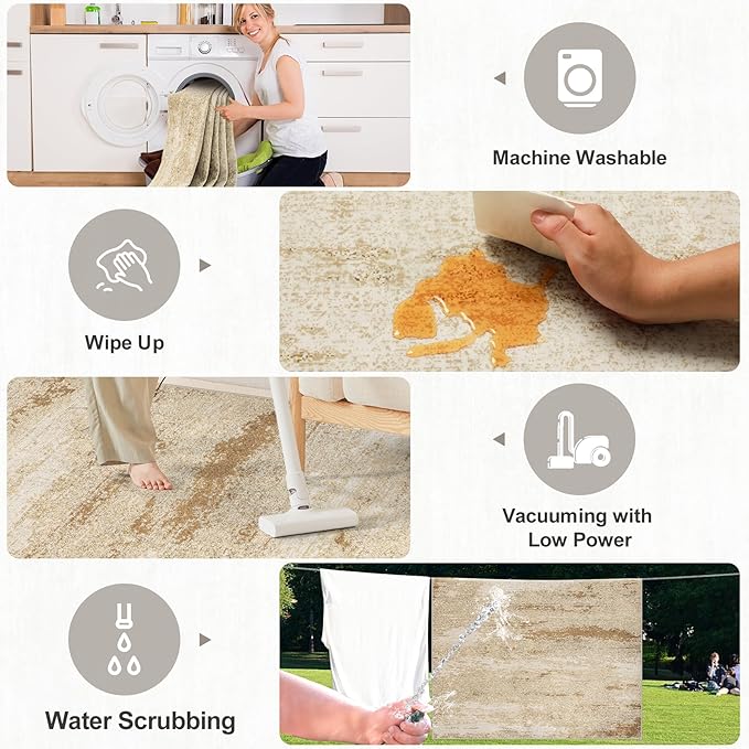 8x10 Area Rugs for Living Room - Washable Rug Modern Abstract Soft Large Neutral Non-Slip Carpet Indoor Floor Stain Resistant Thin Carpets for Bedroom Dining Room Farmhouse Nursery Home Office Beige