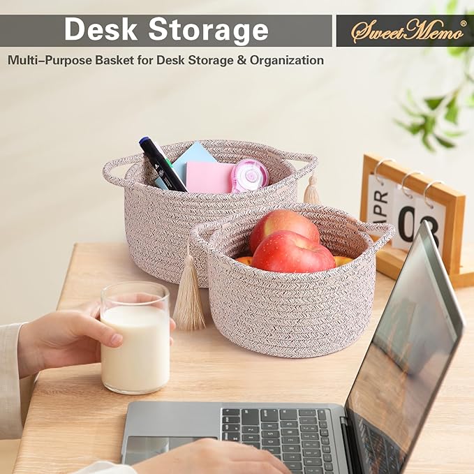 Small Soft Organizer Baskets，Decorative Mini Round Woven Rope Storage Bin Empty Gift Baskets for Man，Office, Desk Decor, Gifting, Kids, Toys, Pre Shaped, Brown, 2 Pack