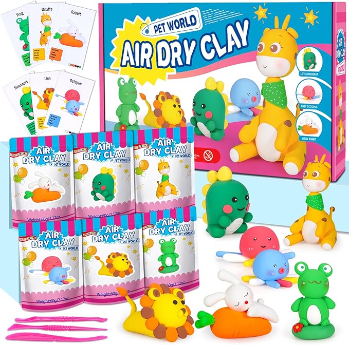 ifergoo Air Dry Clay for Kids - Animal Modeling Clay Kit, 6 Animal Designs with Sculpting Tools & Tutorials, Ultra Light & Soft, Arts & Crafts DIY Creative Toys, Gifts for Age 3-12 Girls & Boys