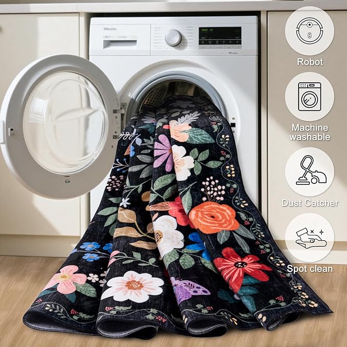 Area Rugs 9x12 Living Room: Floral Washable Rug Vintage Large Soft Boho Non-Slip Carpet Indoor Floor Stain Resistant Low Pile Carpets for Bedroom Dining Room Farmhouse Nursery Home Office Black