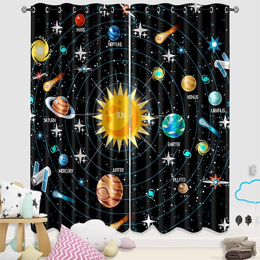 Outer Space Curtains for Boys - 2Pcs Solar System Print Curtain Panels for Boys Bedroom Planets Galaxy 95% Blackout Grommet Top Window Drapes for Living Room, 82" x 84"
