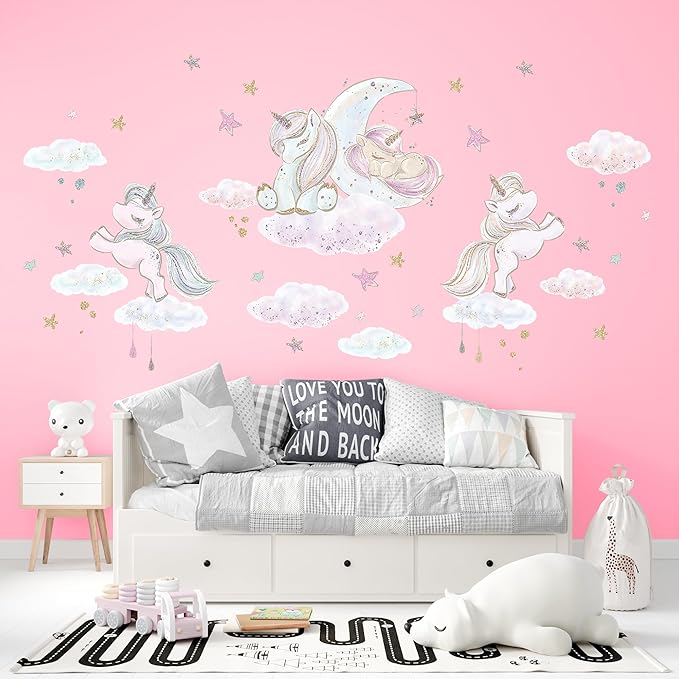 Unicorn Wall Decals by Lipastick - Vibrant Glitter Moon, Stars, Cloud Stickers for Girls Bedroom, Baby Nursery, Kids Room, Birthday Party Decor Art- Wall Stickers for Girls Room