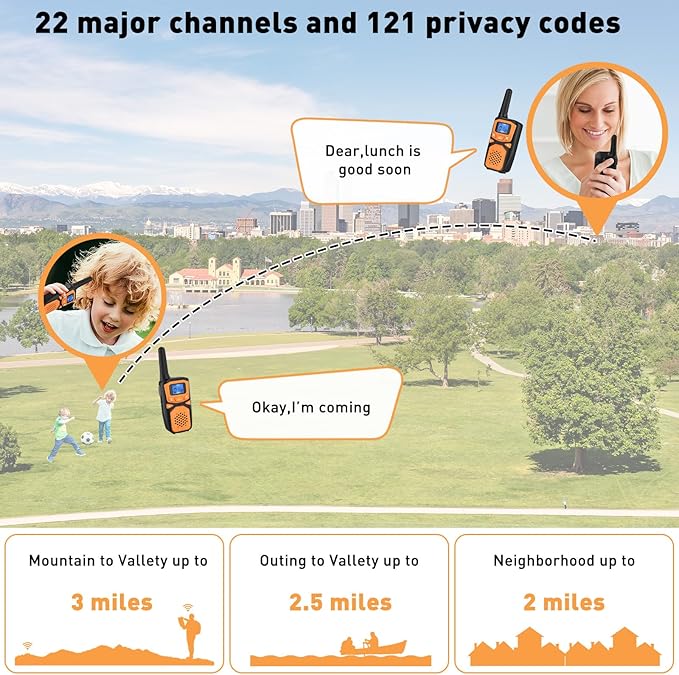 WokTok Rechargeable Long Range 2 Pack Walkie Talkies - 22 Channels VOX Scanning LCD Display - Ideal for Family Camping and Hiking