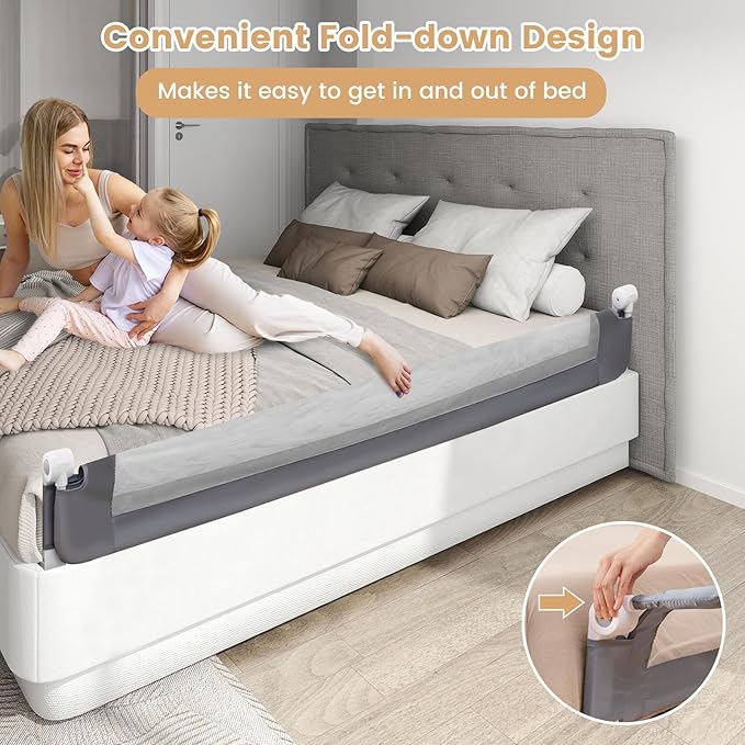 HONEY JOY Bed Rail for Toddlers, Extra Long, Foldable Portable Swing Down Safety Bed Guard Rail, Toddler Bed Rails for Crib, King Queen Full Twin Size Bed Mattress (Light Gray, 1 Pack, 71 Inch)