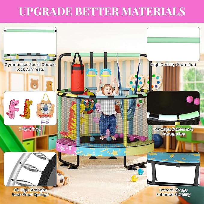 LAMERGE 55" 7-in-1 Round Trampoline for Kids Boys & Girls Ages 1-8, Indoor & Outdoor Trampoline for Fun, Adjustable Height Handrail ＆ Enclosed Safety Net ＆ Durable Designs for Toddlers Children