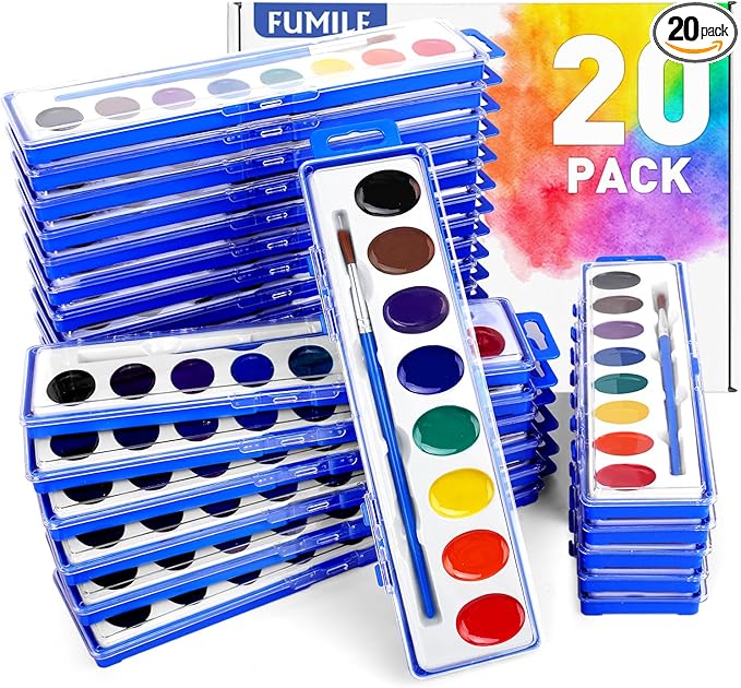 FUMILE Watercolors Paint Set Bulk,20 Pack 8 Washable Bright Colors with Paintbrush.Watercolors Paint Set Kids for Parties,Art Lessons,Birthday Party Favor,valentines for kids classroom,All Ages.