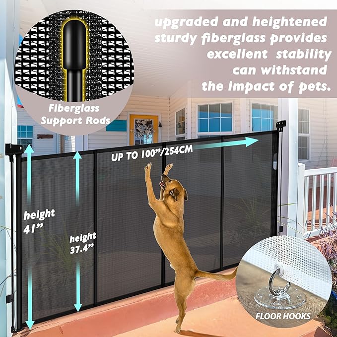 Retractable Baby Gates Dog Gate for Stairs, 100" Wide Retractable Gate Mesh Pet Gate, 41" Extra Tall Child Safety Gate with Fiberglass Rods for Stairways, Doorways, Hallways, Indoor/Outdoor