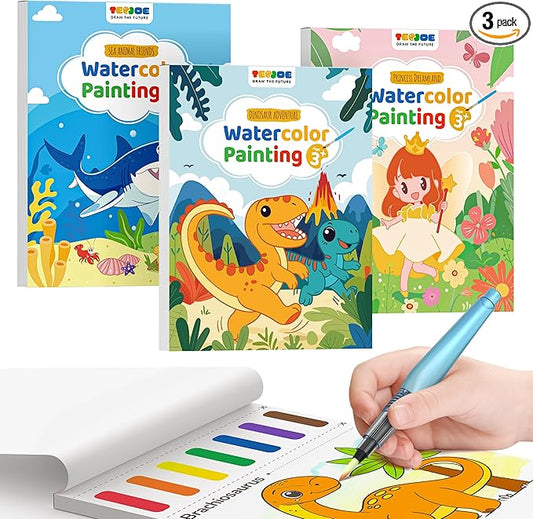 TECJOE 3 Pack Paint With Water Coloring Books for Toddlers, Watercolor Paint Set with 6 Brushes, Painting Activity for Kids Ages 4 5 6 7 8, Christmas Gift arts & Crafts Toy, Princess, Dinosaur & Sea
