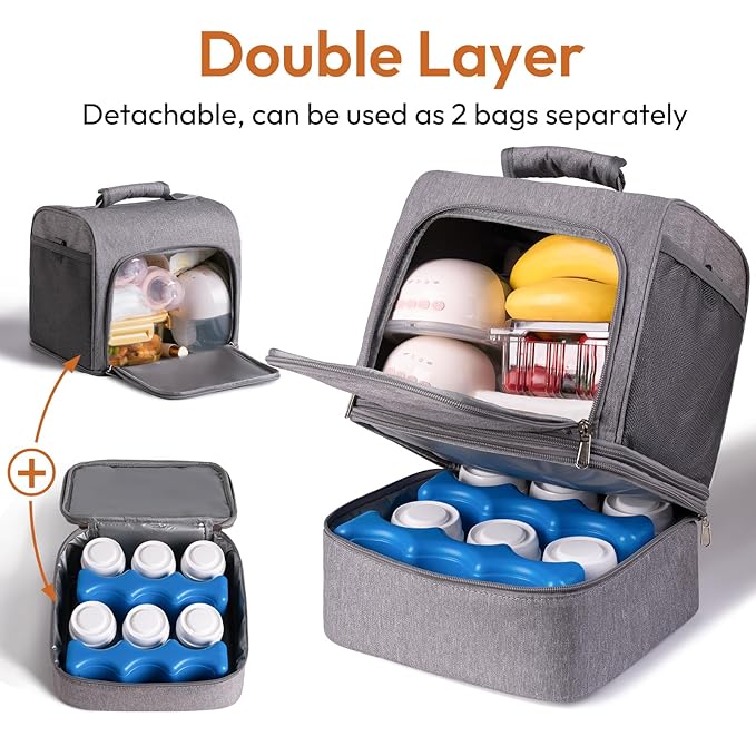 NCVI Breast Pump Bag, Double Layer Removable Pump Bag for Spectra S1, S2, Medela, Breast Pump Backpack with Ice Pack, Insulated Breast Milk Cooler Bag for Working Nursing Moms, Grey