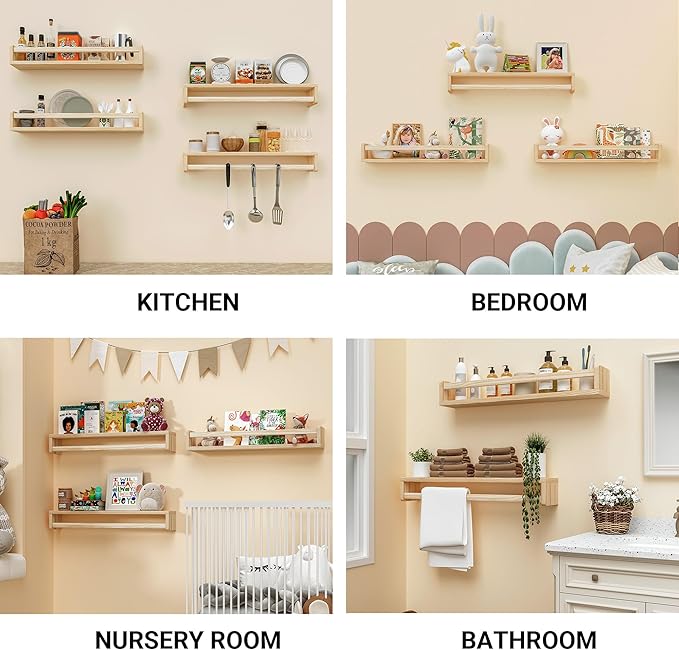 Heimlove Nursery Floating Shelves, Wood Nursery Book Shelves for Wall, 24 inch Wall Bookshelf for Kids Solid Wood for Books,Toys and Decor Storage, Set of 3