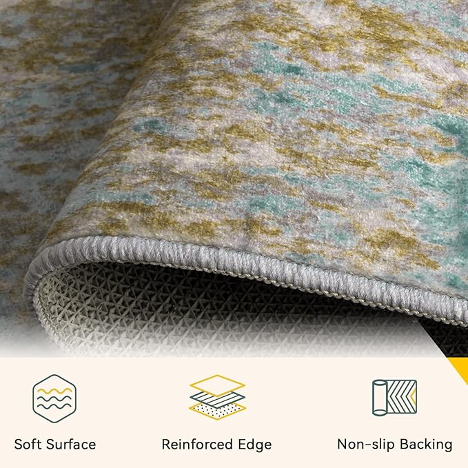 Washable Area Rugs 5'x7' Non-Slip Modern Abstract Soft for Living Room Entryway Bedroom Nursery, Print Pattern, Teal Blue Taupe