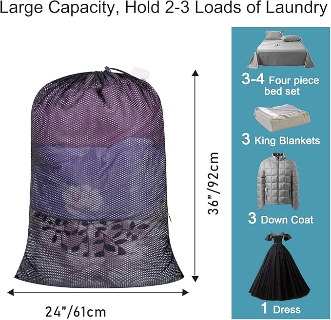 Polecasa Diamond Mesh Laundry Bags, 24 x 36 inches Heavy Duty Mesh Laundry Bag with ID Tag and Drawstring Closure, Large Laundry Hamper Liner, Washable Laundry Bags for Travel, Sports, Dorms (Black)