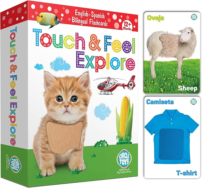My Touch and Feel English Spanish Bilingual Picture Double Sided Sensory Flash Cards for Infant, Toddlers, Kids, Learn Animals, Fruits, Objects and Vehicles, Fun Learning and Educational Flashcards