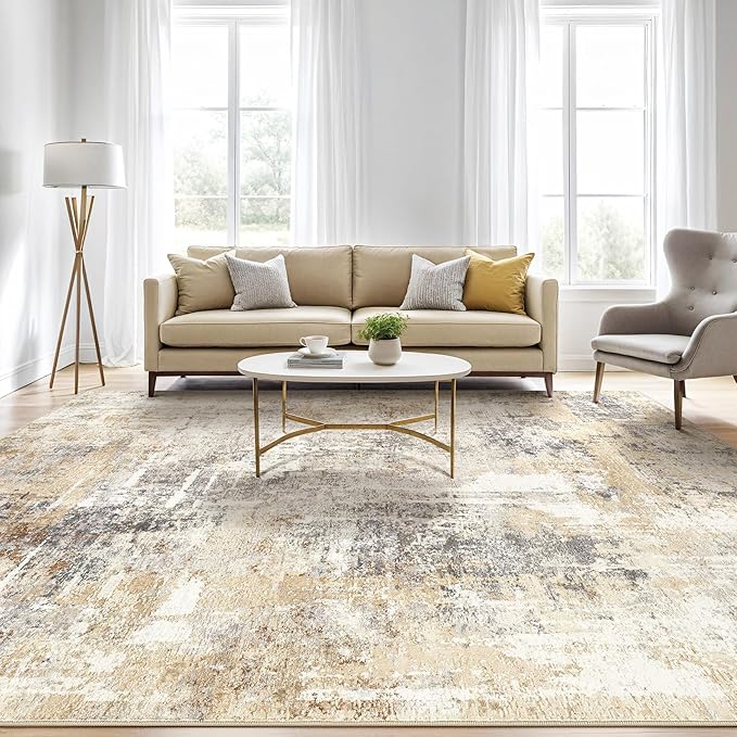 Area Rug Living Room Rugs: 5x7 Washable Large Abstract Modern Soft Stain Resistant Indoor Floor Non Slip Accent Carpet for Bedroom Nursery Playroom Dining Room Office Dorm Home House- Gray Gold