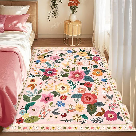 Floral 4x6 Area Rug Machine Washable Soft Print Boho Carpet Non Slip Doormat Low Pile Flower Area Rugs for Living Room Bedroom Nursery Kitchen Dining Room Indoor-Pink