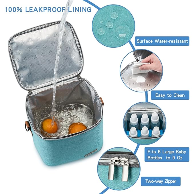 Breastmilk Cooler Bag with Ice Pack Fits 6 Baby Bottles Up to 9 Ounce, Baby Bottle Bag with Shoulder Strap for Nursing Mom Daycare, Aqua