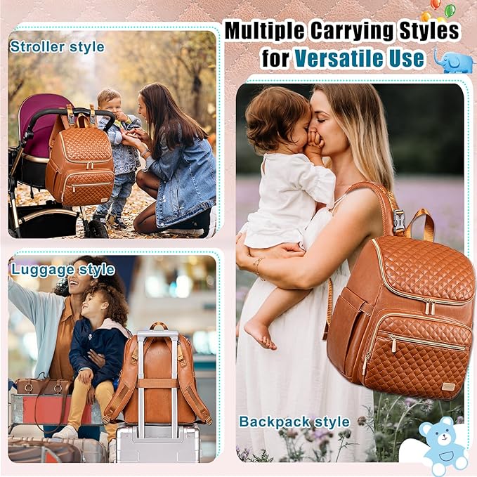 Weitars Diaper Bag Backpack Leather Baby Diaper Bag with Changing Pad Travel Diaper Backpack,Baby Bag for Mom,Stroller Straps,5 Insulated Pockets (Brown Leather)