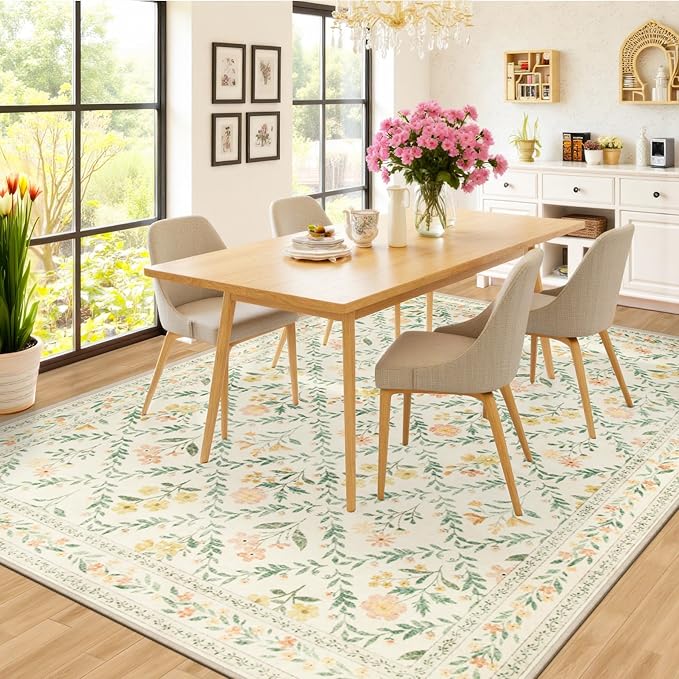 Area Rug Living Room Rugs: Floral 5x7 Washable Rug Vintage Soft Boho Non-Slip Carpet Indoor Stain Resistant Large Carpets for Bedroom Dining Room Farmhouse Nursery Hallway Home Office Beige/Multi