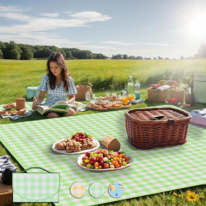 UDEAR Foldable Picnic Blanket,80"x60" Waterproof, Sandproof, Portable with Tote Bag for Beach, Park, Camping, and Travel,Green Plaid