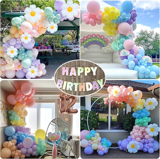 Pastel 219Pcs Daisy Balloon Garland Kit & Arch - 18 10 5 Inch Pastel Rainbow Balloons for 9th Birthday Girl
