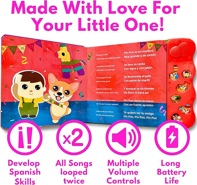 Musical Spanish Books for Kids 1-3, Spanish English Toys for Babies & Toddlers 1-3, Baby & Toddler Spanish Books, Bilingual Learning Toys 1 Year Old, Libros Infantiles en Español