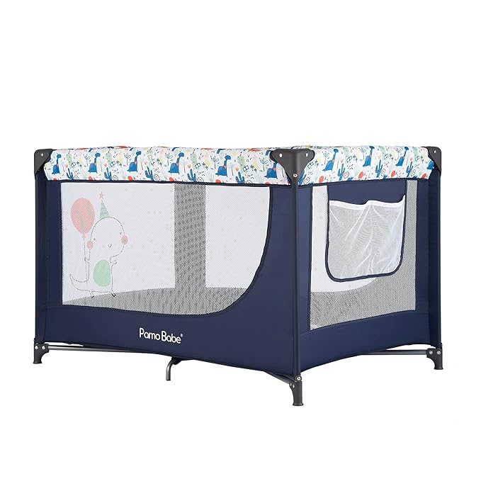 Pamo Babe Travel Foldable Portable Bassinet Baby Infant Comfortable Play Yard Crib Cot with Soft Mattress Breathable Mesh Walls, and Carry Bag Blue