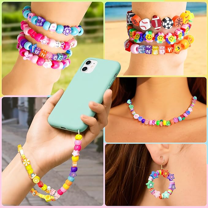 Gionlion 1200 Pcs Polymer Clay Beads Bracelet Making Kit, 25 Style Animal Fruit Flower Butterfly Bunny Pony Letter Beads Charms for Jewelry Making, DIY Art and Crafts Toys Gifts for 4+ Year Old Kids