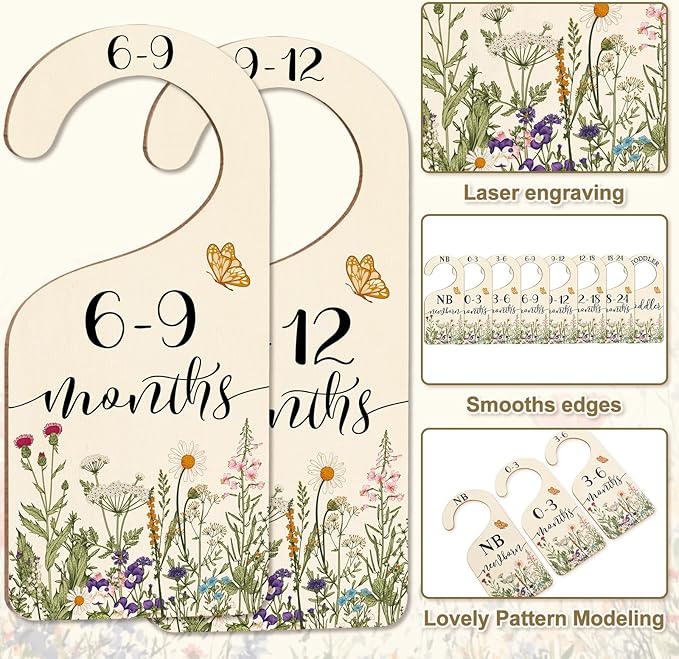 Whaline 8Pcs Wildflower Baby Closet Size Dividers Vintage Floral Leaves Hanging Wood Baby Closet Organizer Newborn to 24 Months Thicken Baby Wardrobe Organizer for Home Nursery
