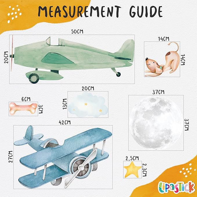 Airplane Wall Decals by Lipastick - 47-Piece Watercolor Vintage Plane Stickers for Kids, Boys Room, Baby Nursery, Toddler Bedroom Decor - Premium Vinyl Aircraft Art - L Size