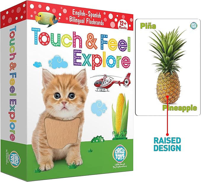 My Touch and Feel English Spanish Bilingual Picture Double Sided Sensory Flash Cards for Infant, Toddlers, Kids, Learn Animals, Fruits, Objects and Vehicles, Fun Learning and Educational Flashcards