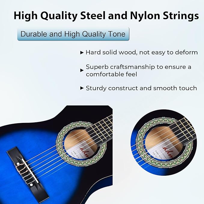 ADM Beginner Acoustic Classical Guitar Nylon Strings Wooden Guitar Bundle Kit for Kid Boy Girl Student Youth Guitarra Online Lessons with Gig Bag, Strap, Tuner, Strings, Picks (34 Inch, Blueburst)