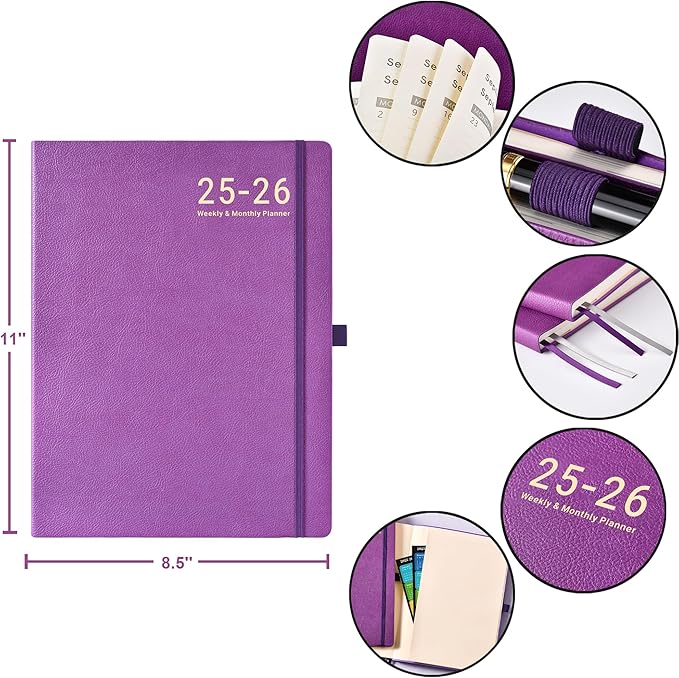 Planner 2025-2026 - JUL 2025 - JUN 2026, Academic Planners 2025-2026, Weekly and Monthly planner, 8.5" x 11", Leather Cover Planners with Thick Paper, Back Pocket with Notes Pages, Purple