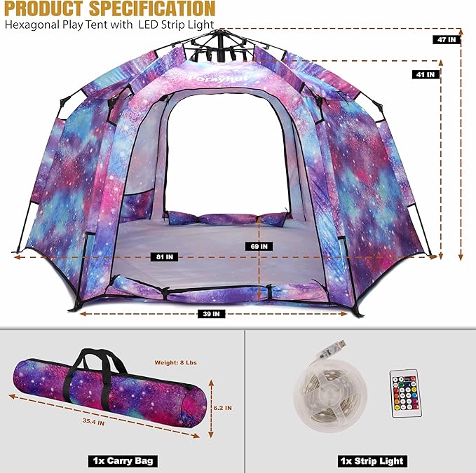 Portable Hexagon Kids Play Tent with LED Strip Lights Indoor Children Play House Easy Set-up Space Large Dream Tent for Night 4-5 Person & Birthday Gifts