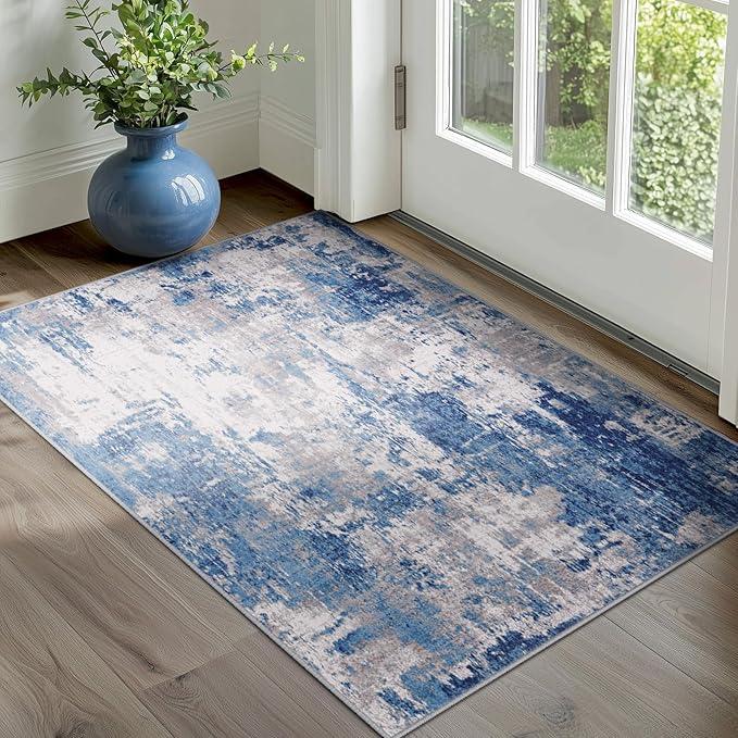Washable Area Rugs 2'x3' Non-Slip Modern Abstract Soft for Living Room Entryway Bedroom Nursery, Print Pattern, Blue Grey Navy Gray