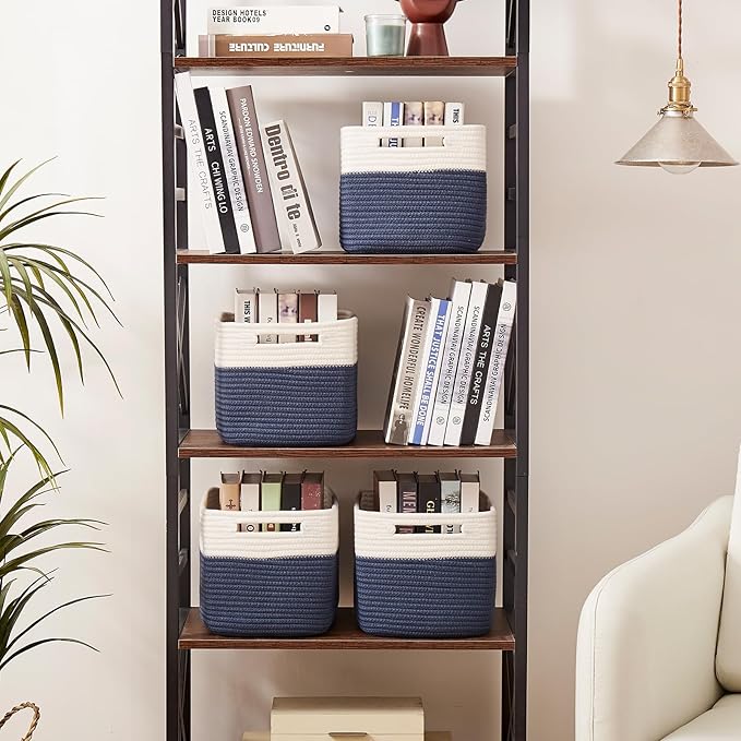 OIAHOMY 4 Pack Storage Baskets for Organizing, Basket for Shelves with Handle, Woven Baskets for Storage Toys, Towels, Books, Cotton Rope Basket 13" L x 9 " W x 7.8 " H, Blue & White