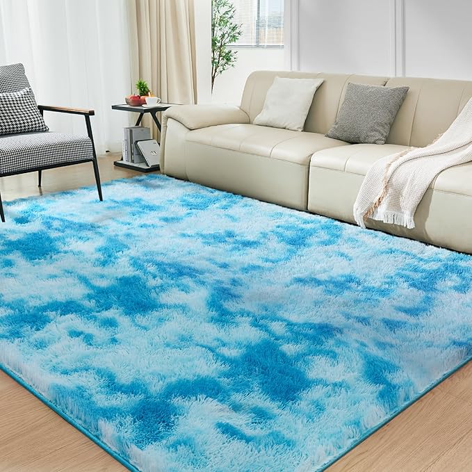 Ultra Soft Rug for Living Room, 8X10 Fluffy Shag Area Rug for Bedroom, Modern Shaggy Carpets Fuzzy Rug for Teens Dorm Nursery Home Decor Aesthetic, Upgrade Anti-Skid Durable, Tie-Dyed Blue