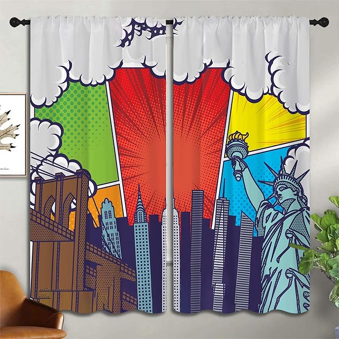 City Rod Pocket Blackout Curtains for Boy Girl Bedroom, Pop Art Style New York Cityscape Thermal Insulated Home Window Drapes for Living Room Darkening, 72x63 inch