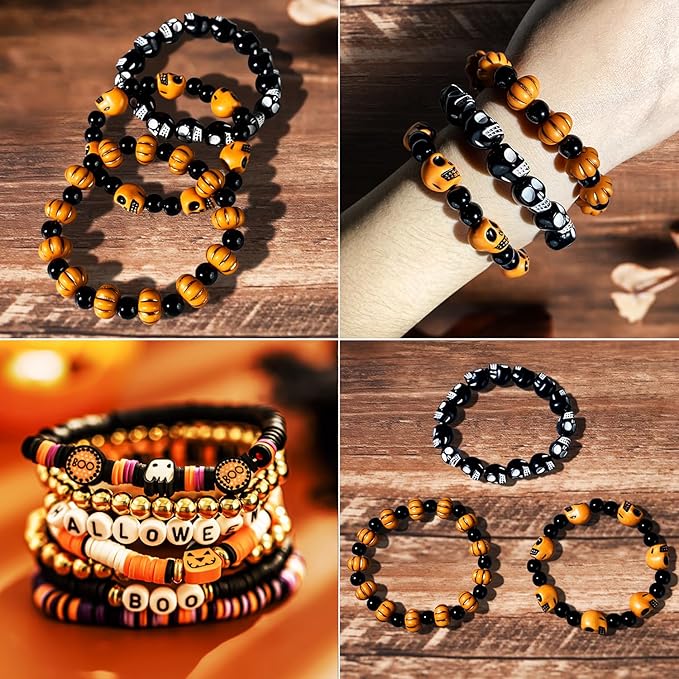 2088pcs Halloween Polymer Clay Beads Bracelet Making kit, 24 Style Cute Fun Beads Skull Pumpkin Beads Charms for Jewelry Necklace Earring Making DIY Accessories for Women Girls