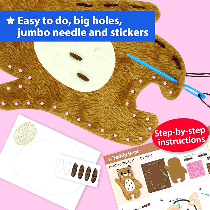 KRAFUN Easy Sewing Kit for Beginner Kids Arts & Crafts, 8 DIY Projects of Stuffed Dolls of Woodland Animals, Bear, Bunny, Fox, Owl, Instructions & Felt, Gift for Girls, Boys, Learn to Sew