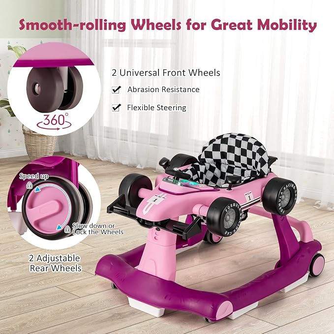 HONEY JOY 4-in-1 Baby Walker, Activity Push Walker w/3 Adjustable Heights, Smooth Wheels w/Adjustable Speed, Padded Seat, Music & Light, Foldable Car Walker for Baby Boys Girls Age 6 Months+ (Purple)