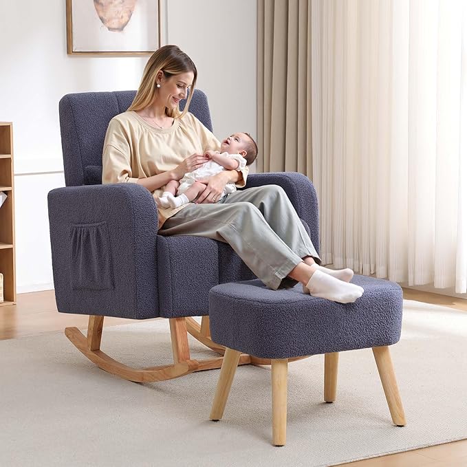 Rocking Chair with Ottoman, Upholstered Glider Rocker with High Backrest and Side Pocket, Comfy Reading Chair with Solid Wood Legs for Nursery, Living Room,Bedroom Dark Grey