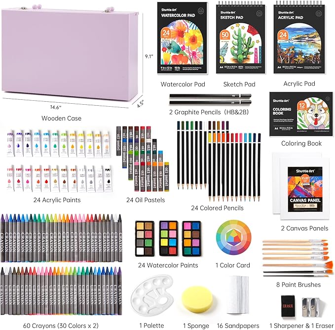 Shuttle Art Deluxe Gift Art Kit, 202-Piece Wooden Art Supplies Set with 4 Drawing Pads, Canvases, Coloring Sheets, Acrylic Paint, Crayons, Oil Pastels, Colored Pencils for Kids