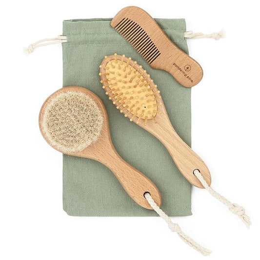 Natural Baby Hair Brush Set with Boho Bag - Goat Hair Cradle Cap Brush, Toddler Brush and Comb - Scalp Grooming Baby Hairbrush for Newborn and Infant, Wooden Brushes for Boys and Girls