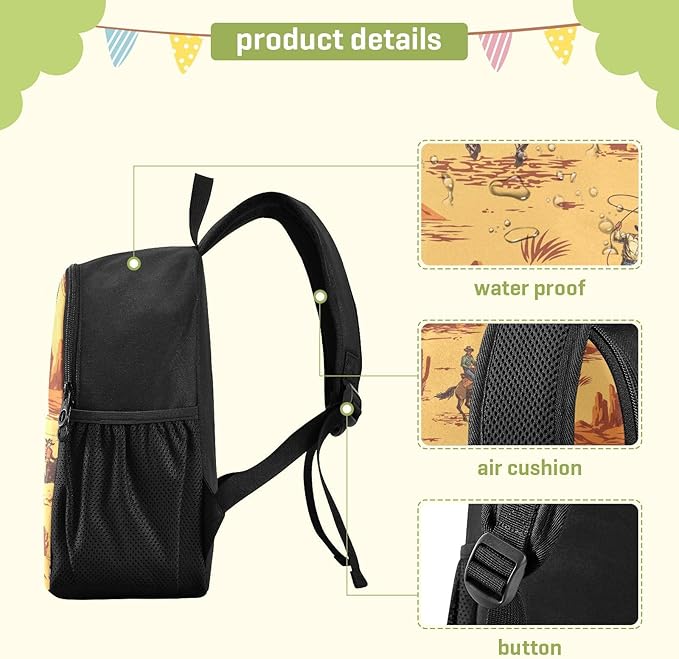 Toddler Backpack Western Desert Cowboy Waterproof Mini Backpack Boys/Girls Cute Kindergarten Pre School Bags 11 Inch